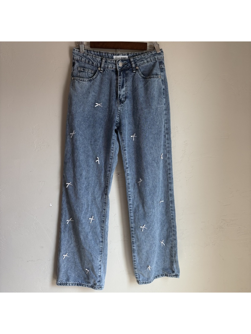 Love Soho Acid Wash Blue Denim Jeans with White Bow Appliques Size 5
